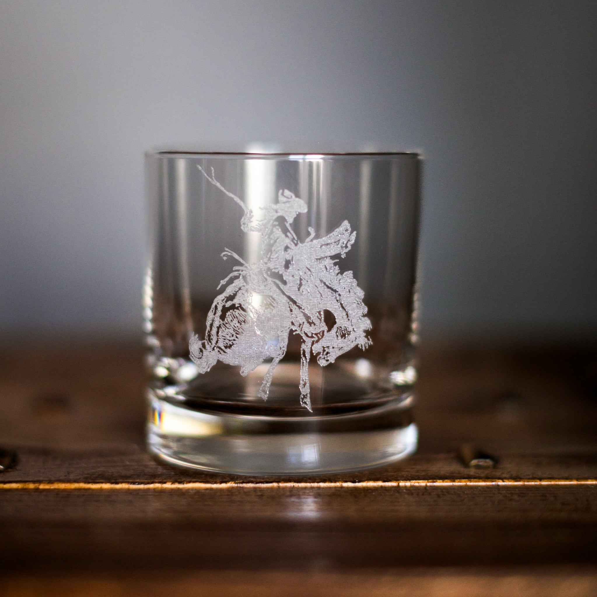 Western Inspired Etched Old Fashioned Whiskey Glass 11 oz - Bronc