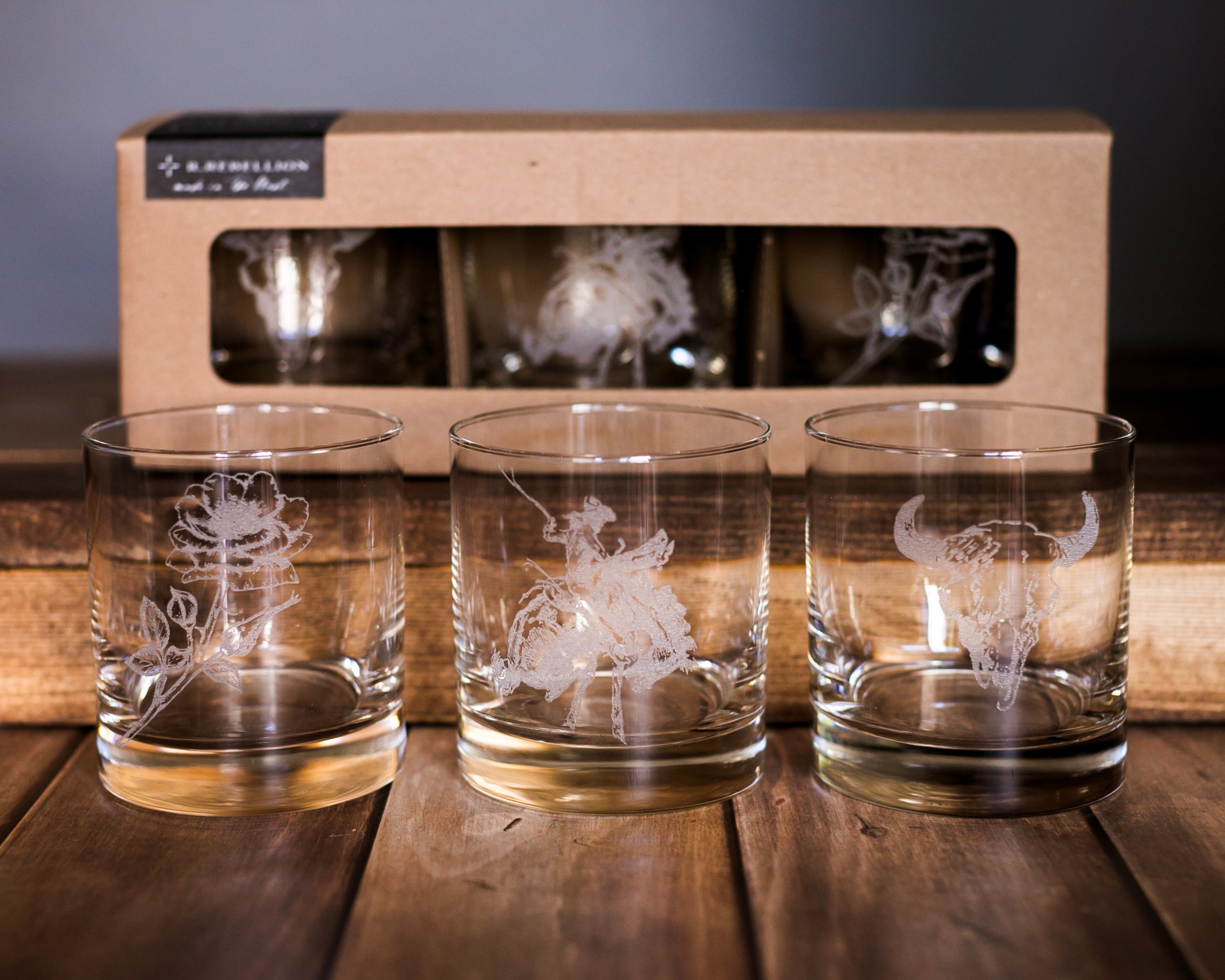 Western Inspired Etched Old Fashioned Whiskey Glasses Set of 3