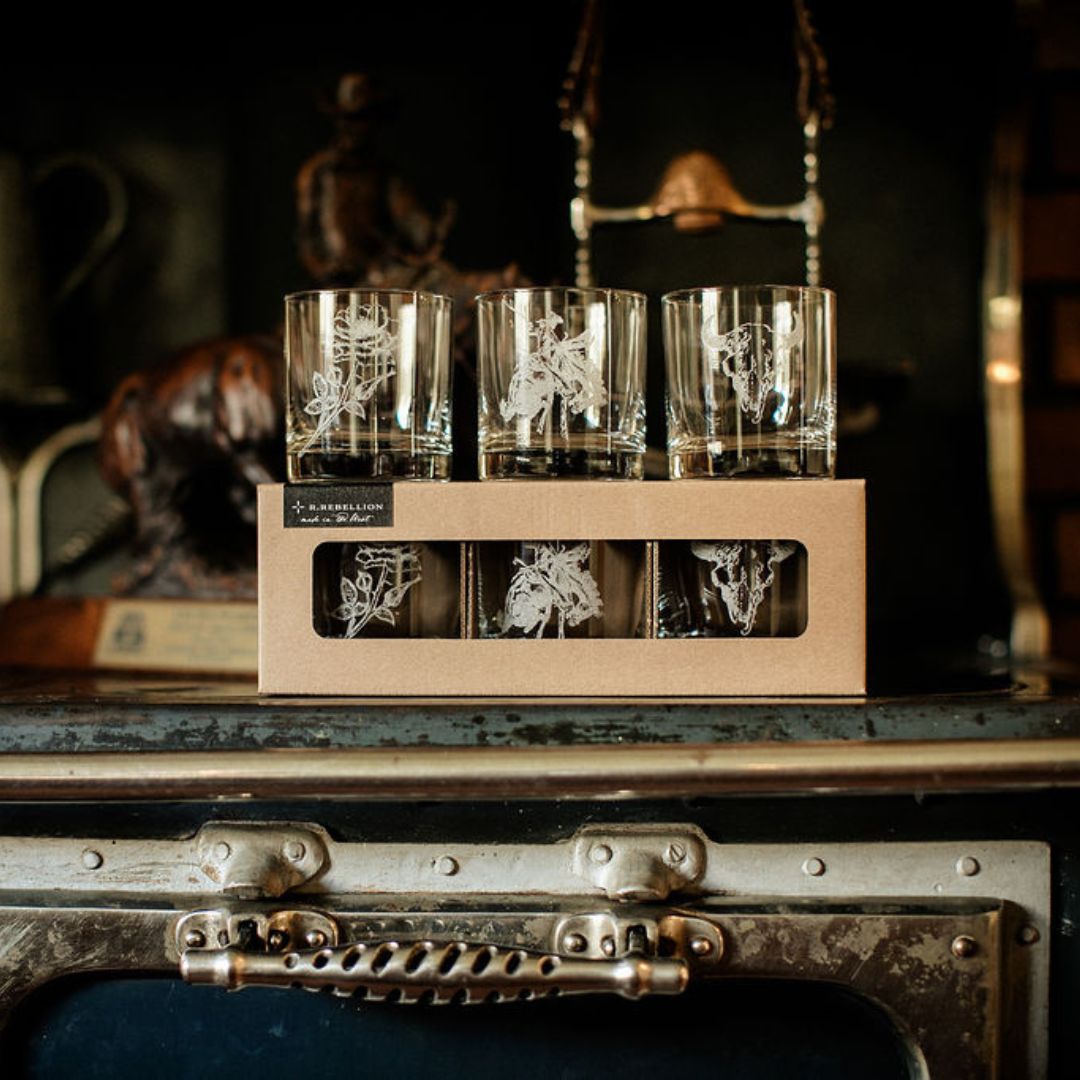 Western Inspired Etched Old Fashioned Whiskey Glasses Set of 3