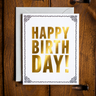 Happy Birthday letterpress greeting card with gold foil lettering, hand printed by R. Rebellion